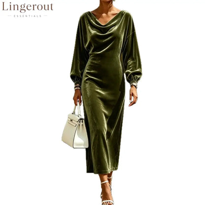 Cowl Neck Velvet Midi Dress with Balloon Sleeves