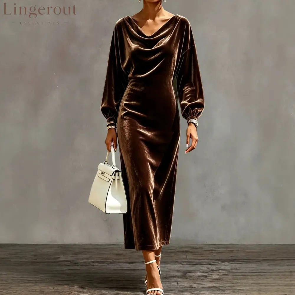 Cowl Neck Velvet Midi Dress with Balloon Sleeves