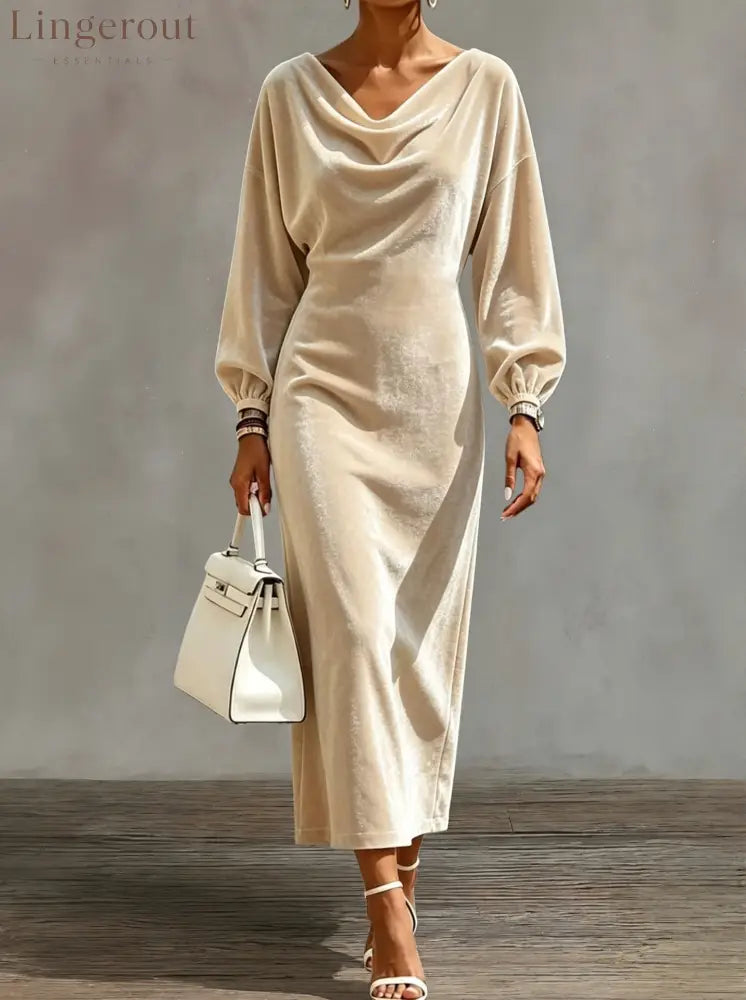 Cowl Neck Velvet Midi Dress with Balloon Sleeves - Apricot / S
