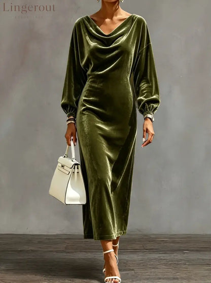 Cowl Neck Velvet Midi Dress with Balloon Sleeves - Army green / S