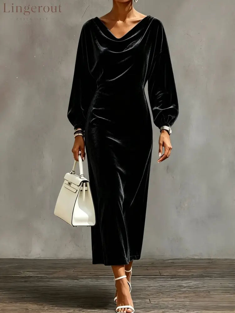 Cowl Neck Velvet Midi Dress with Balloon Sleeves - Black / S