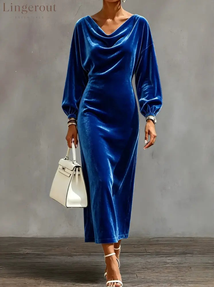 Cowl Neck Velvet Midi Dress with Balloon Sleeves - Blue / S