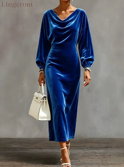 Cowl Neck Velvet Midi Dress with Balloon Sleeves - Blue / S