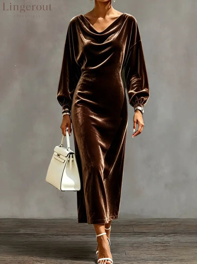 Cowl Neck Velvet Midi Dress with Balloon Sleeves - Brown / S
