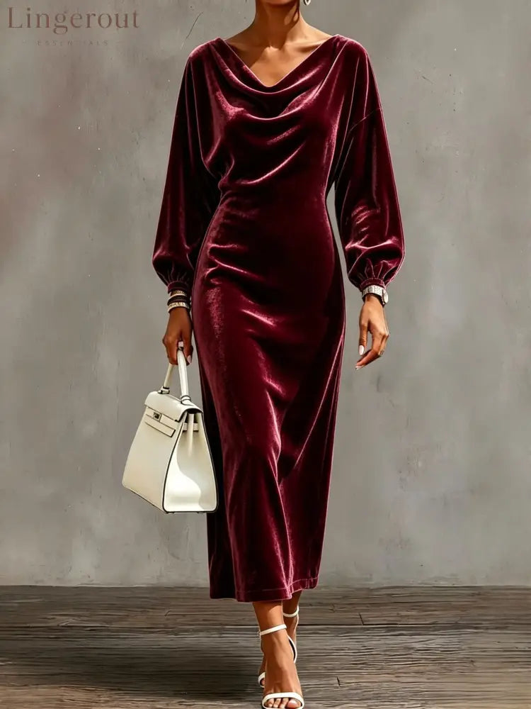 Cowl Neck Velvet Midi Dress with Balloon Sleeves - Claret / S