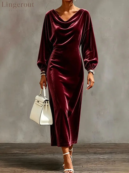 Cowl Neck Velvet Midi Dress with Balloon Sleeves - Claret / S