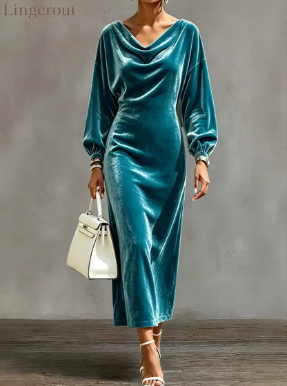 Cowl Neck Velvet Midi Dress with Balloon Sleeves - Malachite green / S