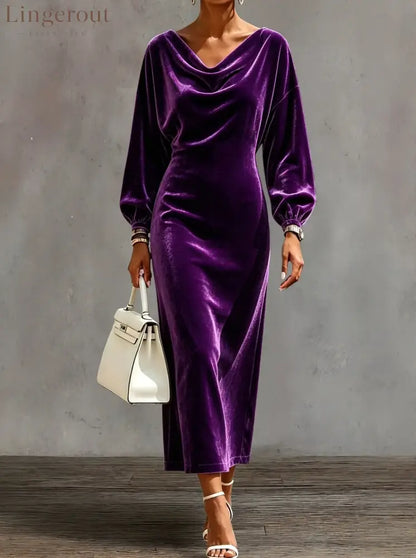 Cowl Neck Velvet Midi Dress with Balloon Sleeves - Purple / S