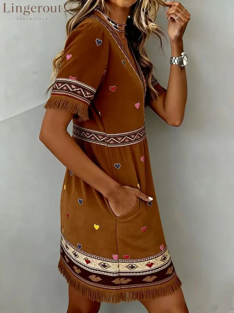 Cozy Brown Heart Print V-Neck Dress