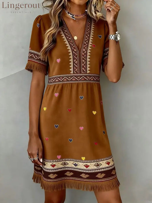 Cozy Brown Heart Print V-Neck Dress - brown / S