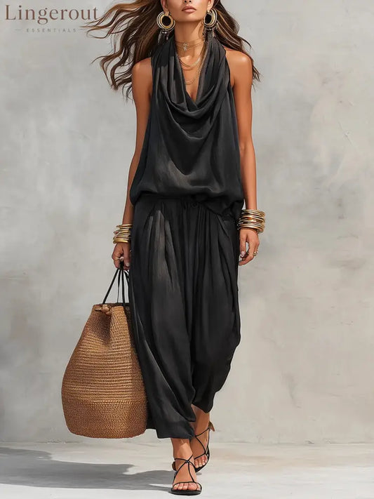 Cozy Elegant Draped Sleeveless Top And Pants Two-piece Set - Black / S