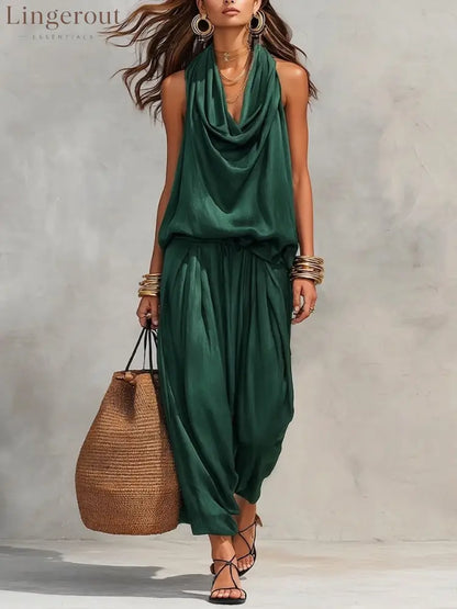 Cozy Elegant Draped Sleeveless Top And Pants Two-piece Set - Green / S