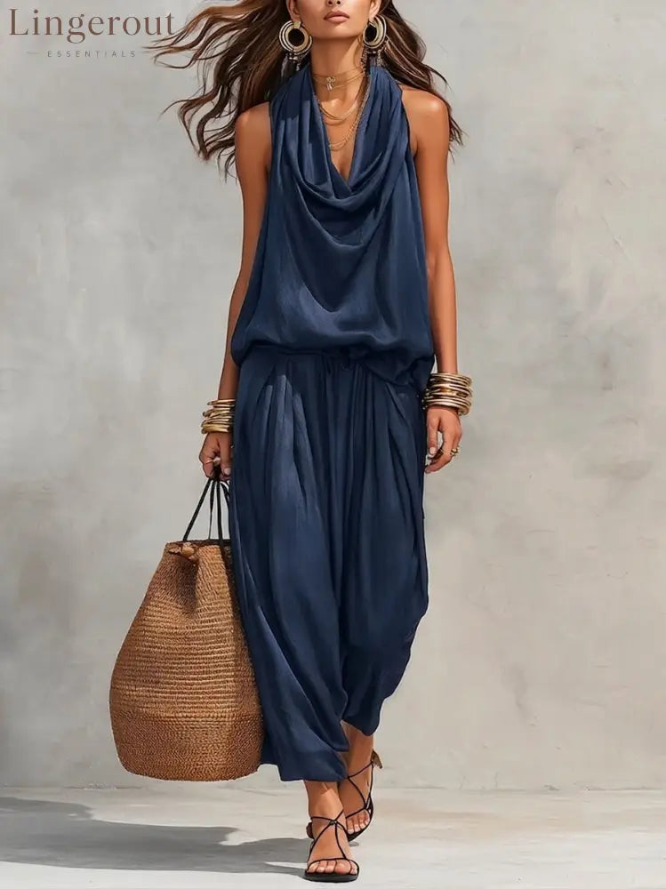 Cozy Elegant Draped Sleeveless Top And Pants Two-piece Set - Navy / S