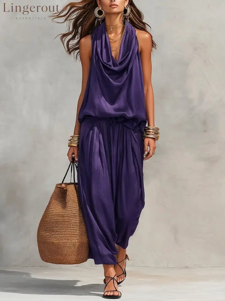 Cozy Elegant Draped Sleeveless Top And Pants Two-piece Set - Purple / S