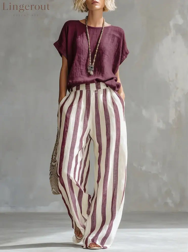 Cozy Loose-fit Striped Cotton-linen Two-piece Set - Burgundy / S