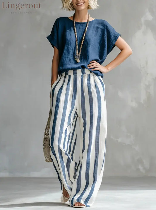 Cozy Loose-fit Striped Cotton-linen Two-piece Set - Navy / S