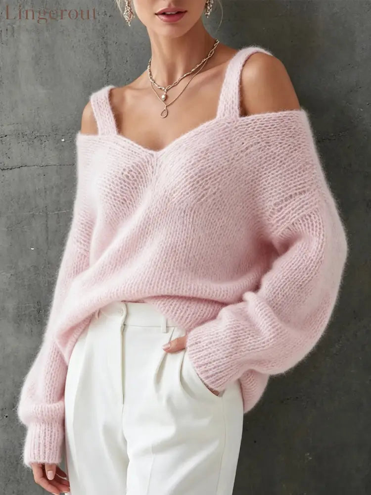 Cozy Off-the-shoulder Fluffy Wool-blend Knit Top - Pink / S