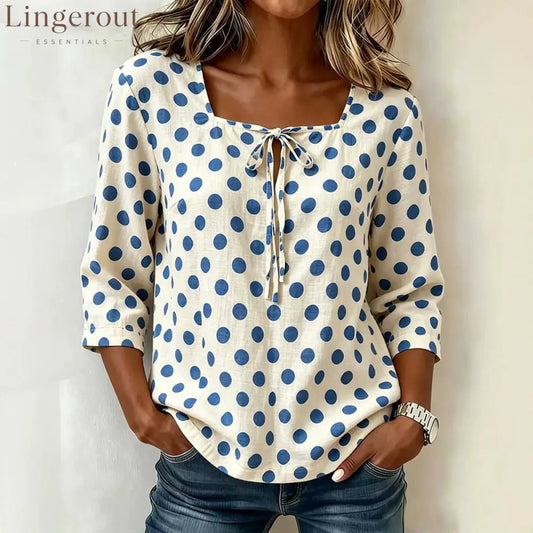 Cream Base Polka Dot Square Neck Tie Front 3/4 Sleeve Blouse