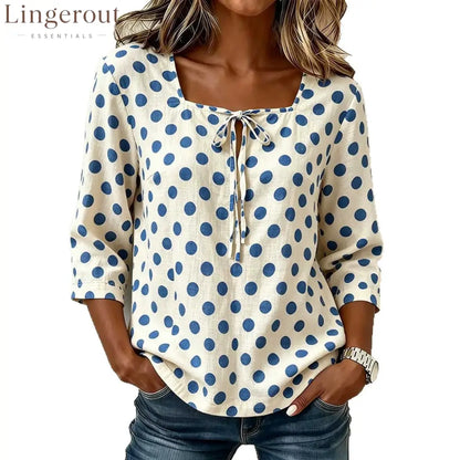 Cream Base Polka Dot Square Neck Tie Front 3/4 Sleeve Blouse