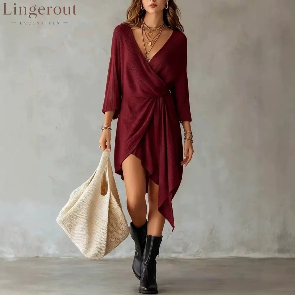 Cream Ribbed Knit Wrap‑Front Asymmetrical Mini Dress