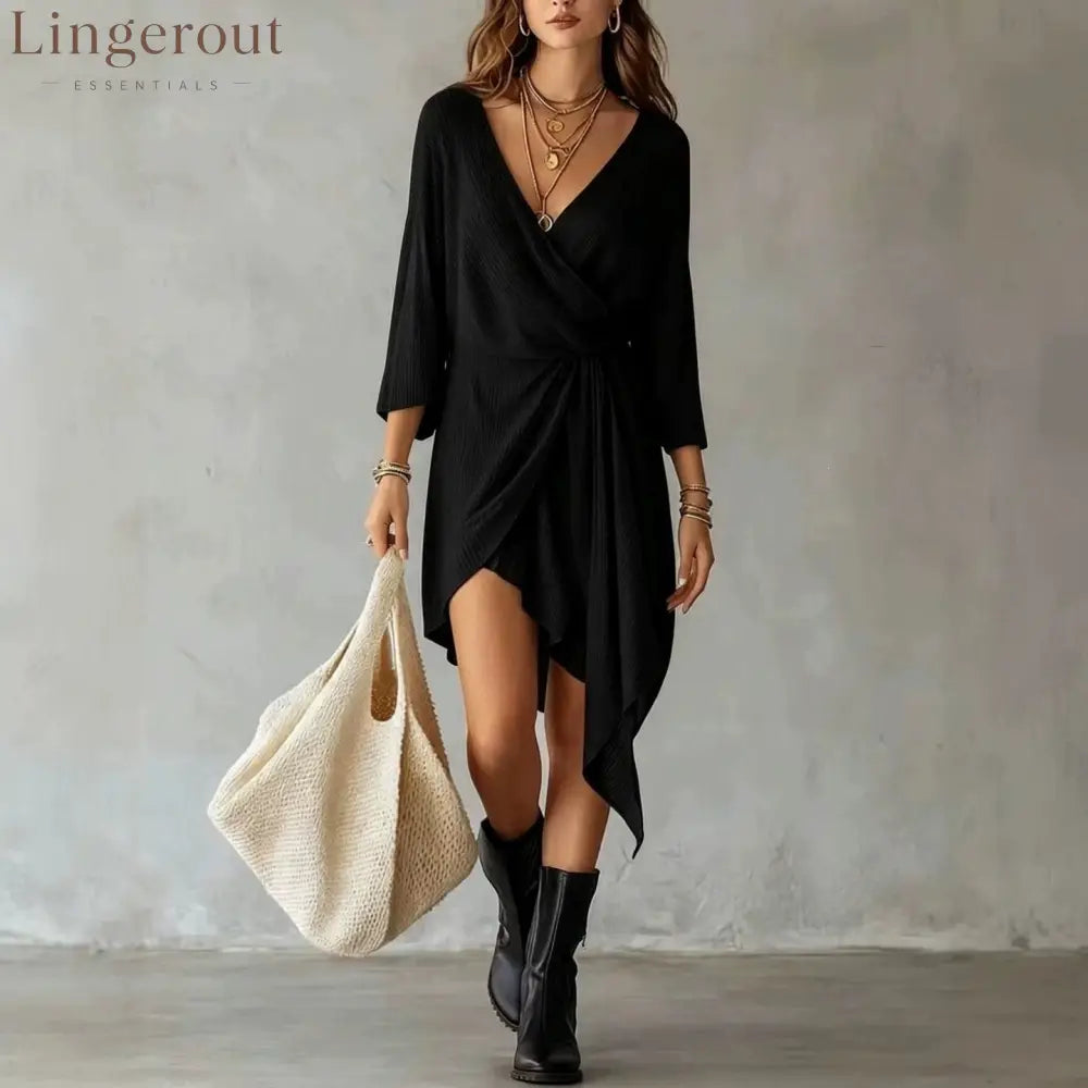 Cream Ribbed Knit Wrap‑Front Asymmetrical Mini Dress