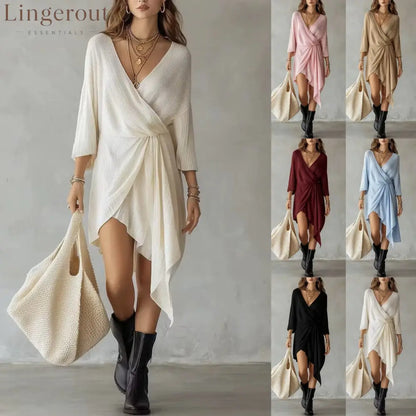 Cream Ribbed Knit Wrap‑Front Asymmetrical Mini Dress