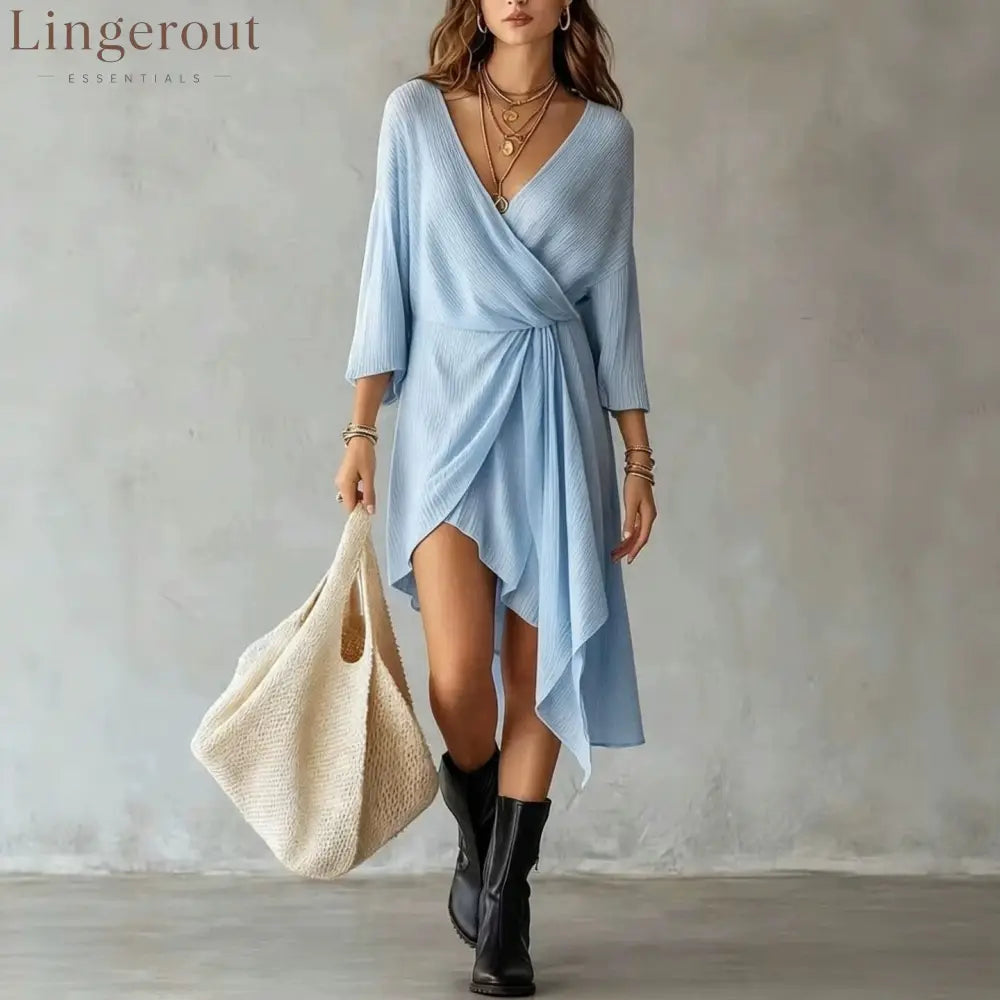 Cream Ribbed Knit Wrap‑Front Asymmetrical Mini Dress