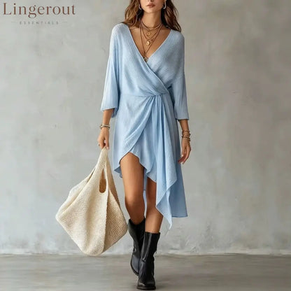 Cream Ribbed Knit Wrap‑Front Asymmetrical Mini Dress