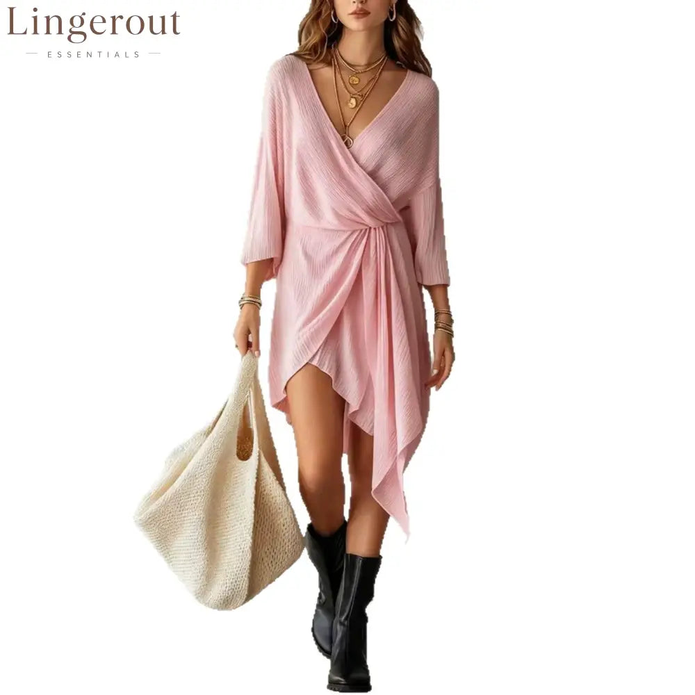 Cream Ribbed Knit Wrap‑Front Asymmetrical Mini Dress