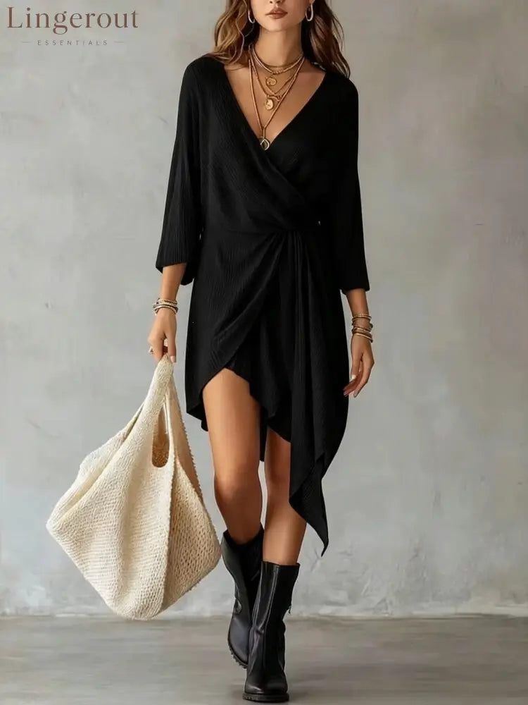 Cream Ribbed Knit Wrap‑Front Asymmetrical Mini Dress - black / S