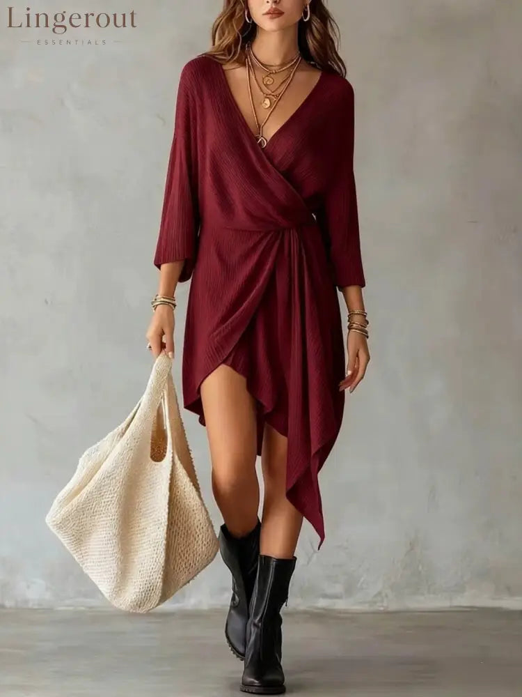 Cream Ribbed Knit Wrap‑Front Asymmetrical Mini Dress - burgundy / S