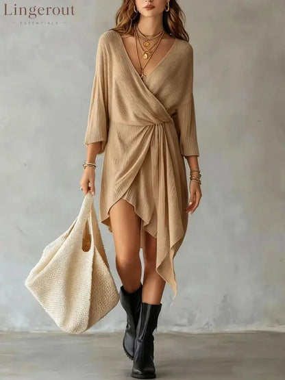 Cream Ribbed Knit Wrap‑Front Asymmetrical Mini Dress - khaki / S