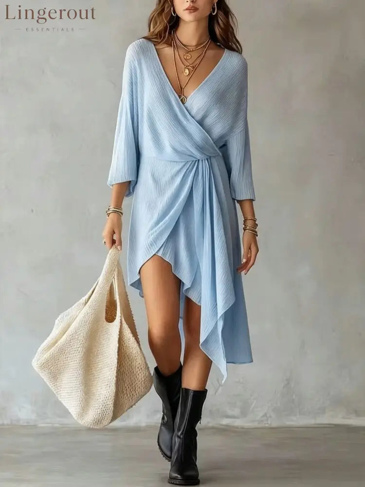 Cream Ribbed Knit Wrap‑Front Asymmetrical Mini Dress - light blue / S