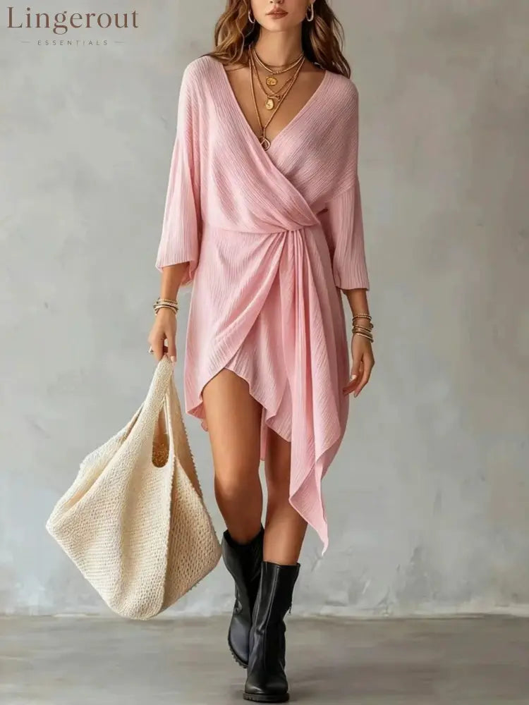 Cream Ribbed Knit Wrap‑Front Asymmetrical Mini Dress - pink / S