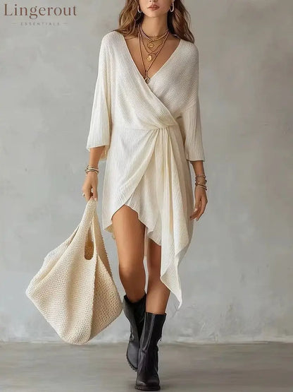 Cream Ribbed Knit Wrap‑Front Asymmetrical Mini Dress - white / S