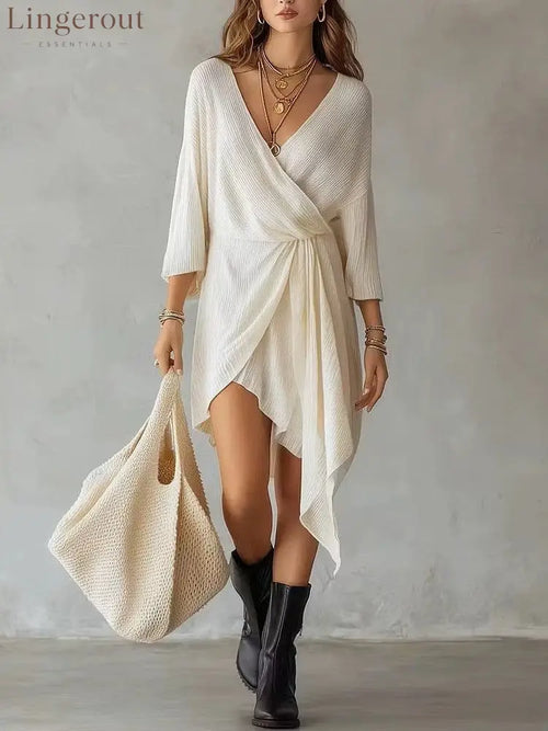 Cream Ribbed Knit Wrap‑Front Asymmetrical Mini Dress - white / S