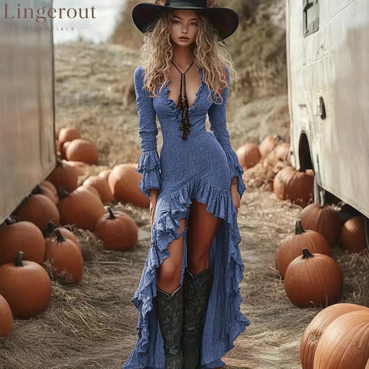Crinkle Fabric Deep V Ruffle Long Sleeve High Low Slit Bodycon Maxi Dress