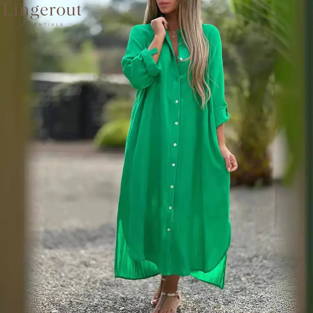 Crinkle Linen Blend Midi Shirt Dress