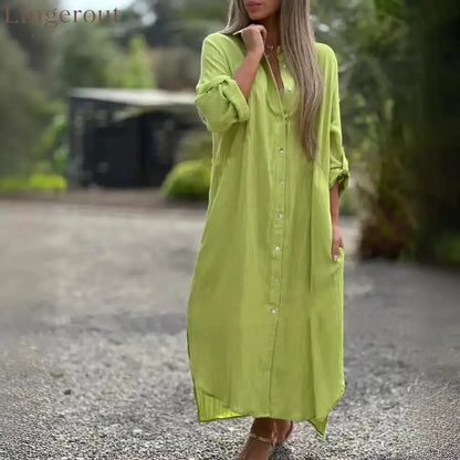 Crinkle Linen Blend Midi Shirt Dress