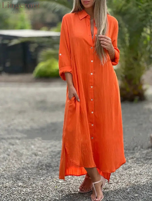 Crinkle Linen Blend Midi Shirt Dress - Orange red / S