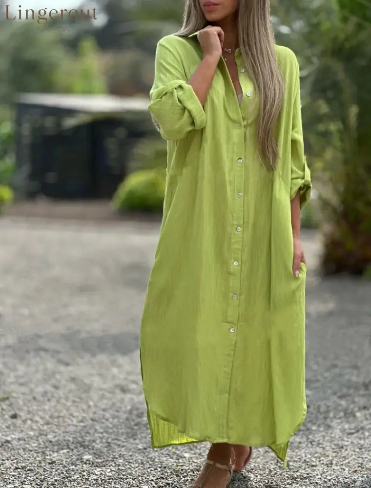 Crinkle Linen Blend Midi Shirt Dress - Yellow-green / S