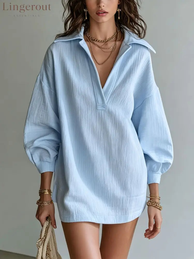Crinkle Textured Collar V‑Neck Tunic Dress Women Loose Long Sleeve Casual Mini Dress