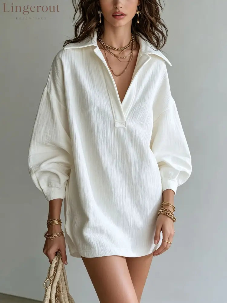 Crinkle Textured Collar V‑Neck Tunic Dress Women Loose Long Sleeve Casual Mini Dress
