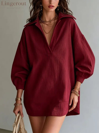 Crinkle Textured Collar V‑Neck Tunic Dress Women Loose Long Sleeve Casual Mini Dress - Burgundy / S