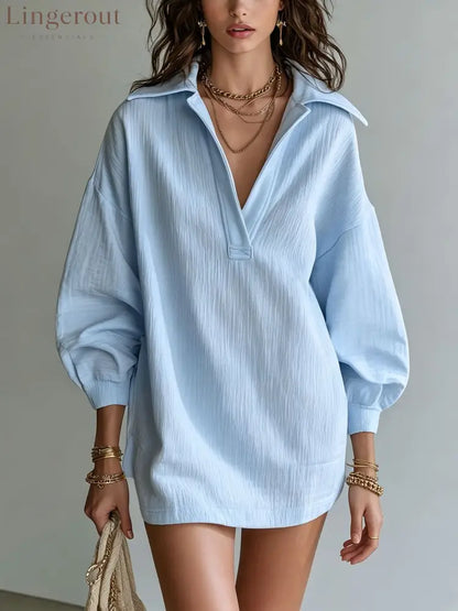 Crinkle Textured Collar V‑Neck Tunic Dress Women Loose Long Sleeve Casual Mini Dress - Light Blue / S