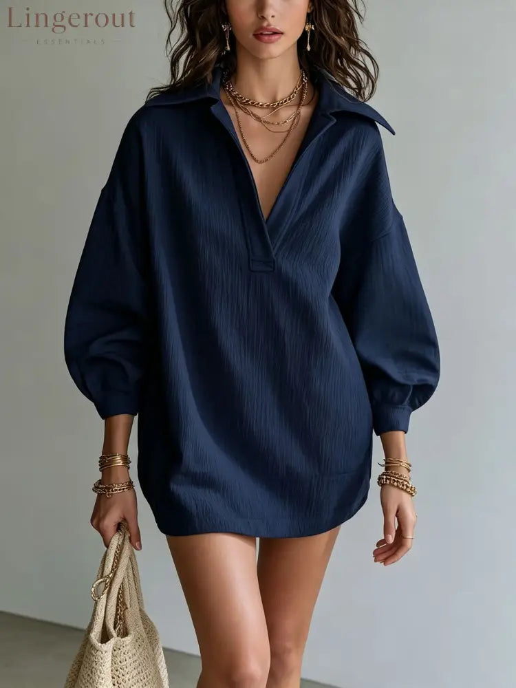 Crinkle Textured Collar V‑Neck Tunic Dress Women Loose Long Sleeve Casual Mini Dress - Navy Blue / S