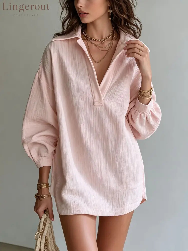 Crinkle Textured Collar V‑Neck Tunic Dress Women Loose Long Sleeve Casual Mini Dress - Pink / S