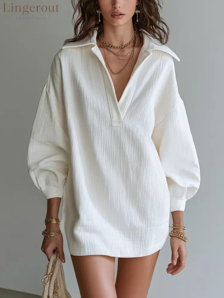 Crinkle Textured Collar V‑Neck Tunic Dress Women Loose Long Sleeve Casual Mini Dress - White / S