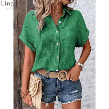Crinkle Textured Short Sleeve Button Down Shirt With Chest Pocket