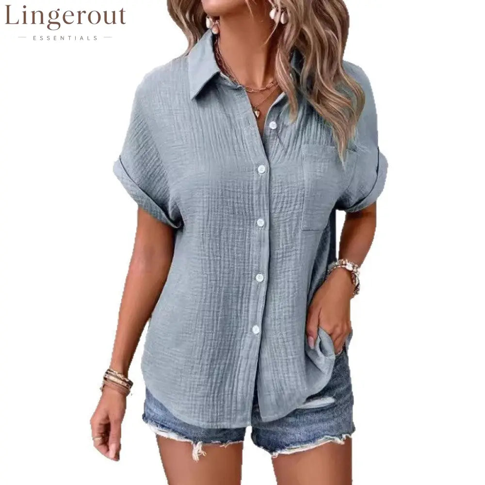 Crinkle Textured Short Sleeve Button Down Shirt With Chest Pocket